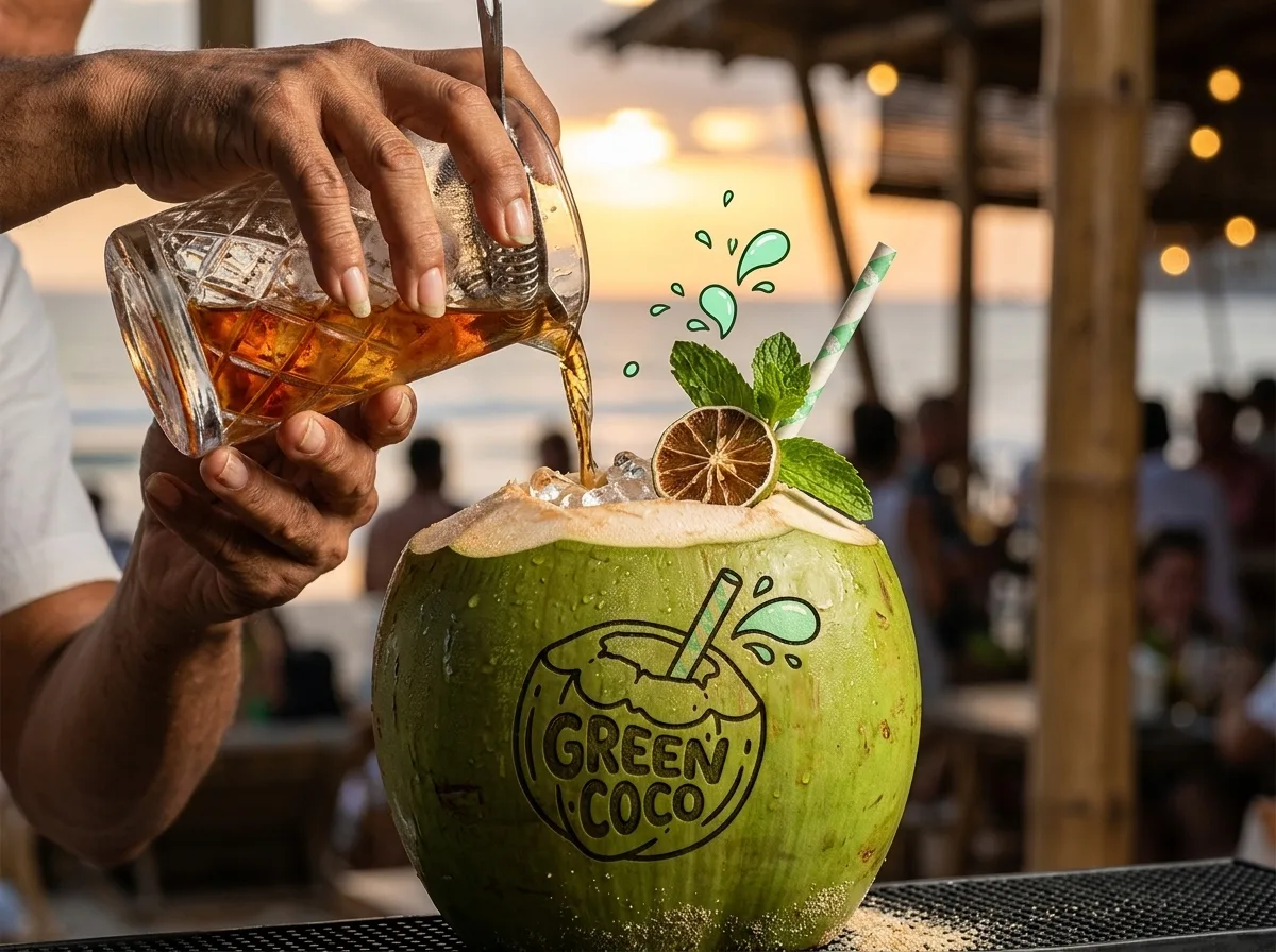 A bartender pouring rum into an etched Green Coco coconut