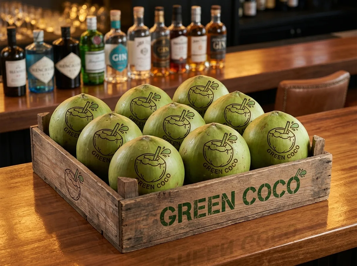 A wooden crate of nine laser-etched Green Coco coconuts on a bar top